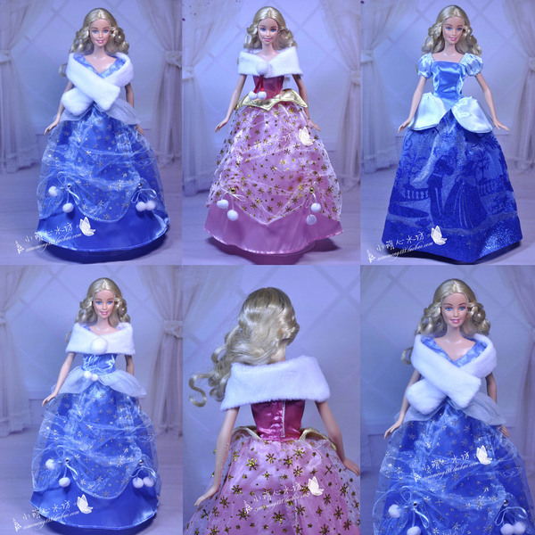 5件包邮正版芭比娃娃迪士尼 皇室公主裙高贵蓝裙,仿貂皮披肩多款