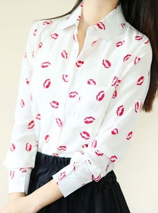 2013秋装新款欧美风女装翻领长袖性感红唇奶白色雪纺衬衫
