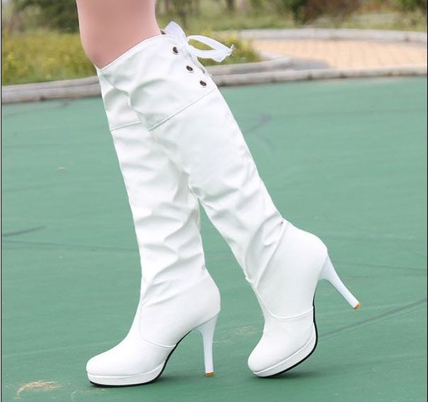 2016秋冬高筒女靴子白色超高跟及膝靴皮靴防水台套筒马丁靴长靴