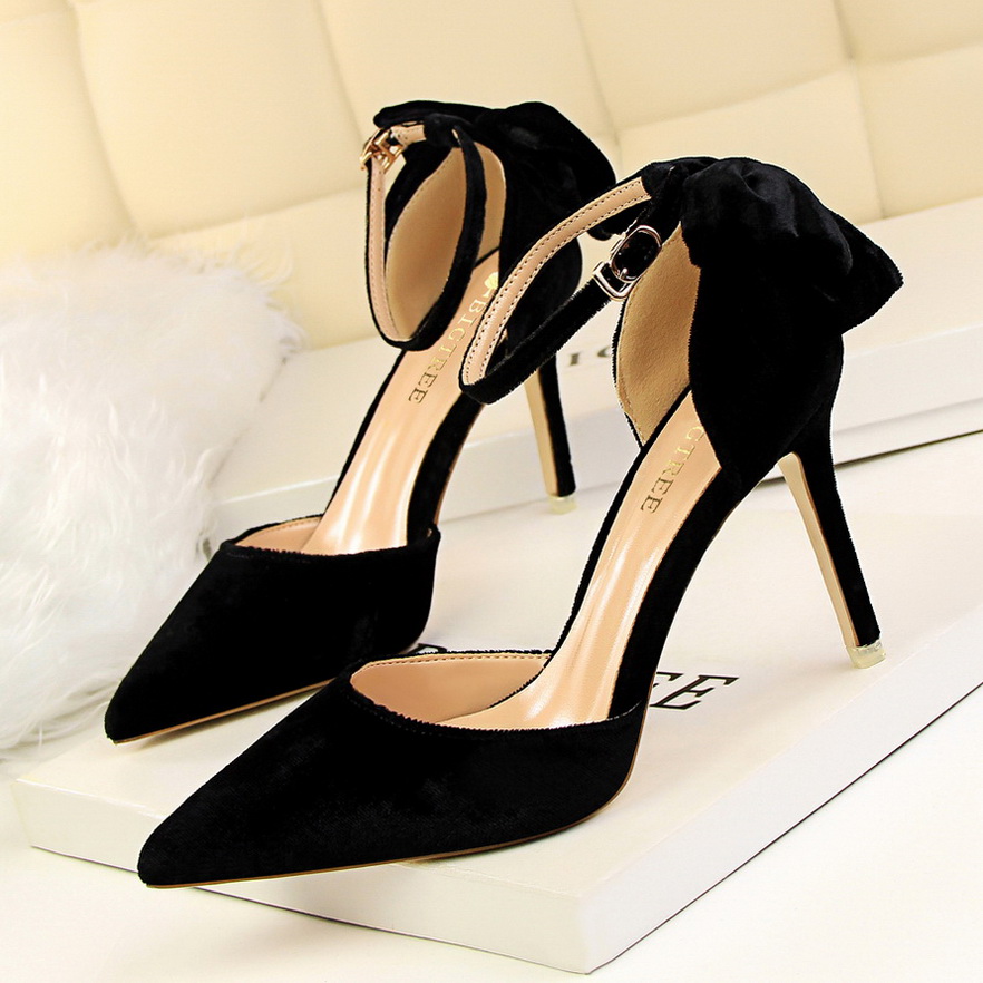 8313-2 han edition shoes high heel with suede shallow mouth pointed bow with a word after hollow hollow out sandals