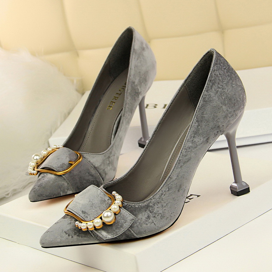 278-2 han edition high fashion footwear with suede shallow mouth pointed sexy thin metal pearl belt buckle shoes