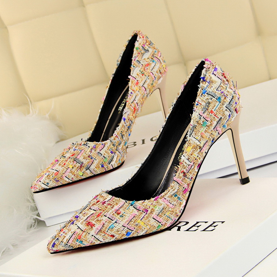 9219-15 han edition fashion color matching wool shoes high heel with shallow pointed mouth thin high-heeled shoes
