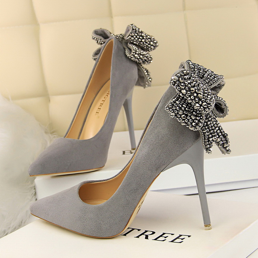 1717-10 han edition fashion high heels for women's shoes high heel with suede shallow mouth pointed bow diamond