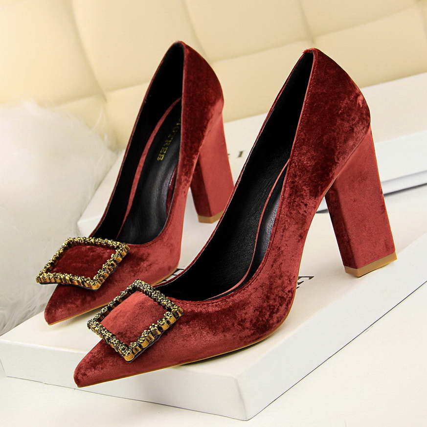5239-10 han edition style elegant banquet high heels thick with with suede sexy thin diamond single shoe buckle