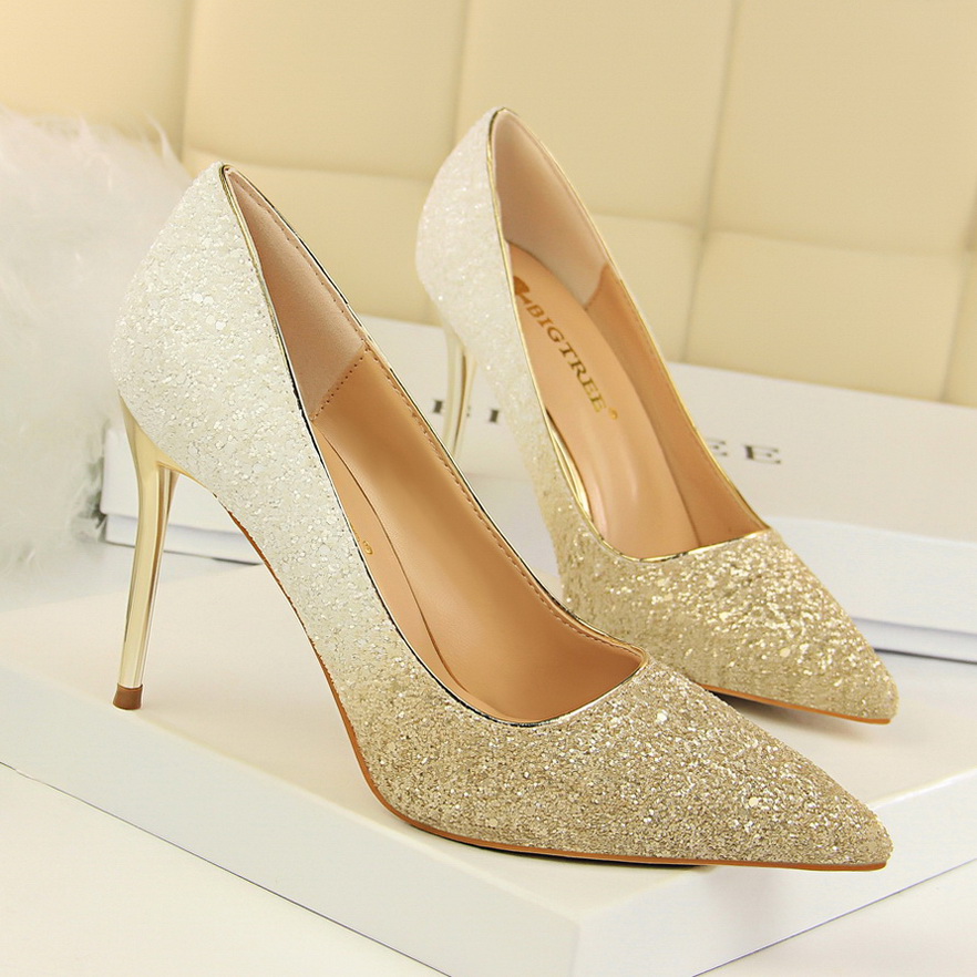 9219-10 European and American wind high shoes with shallow mouth pointed sexy thin nightclub color gradient sequined sho