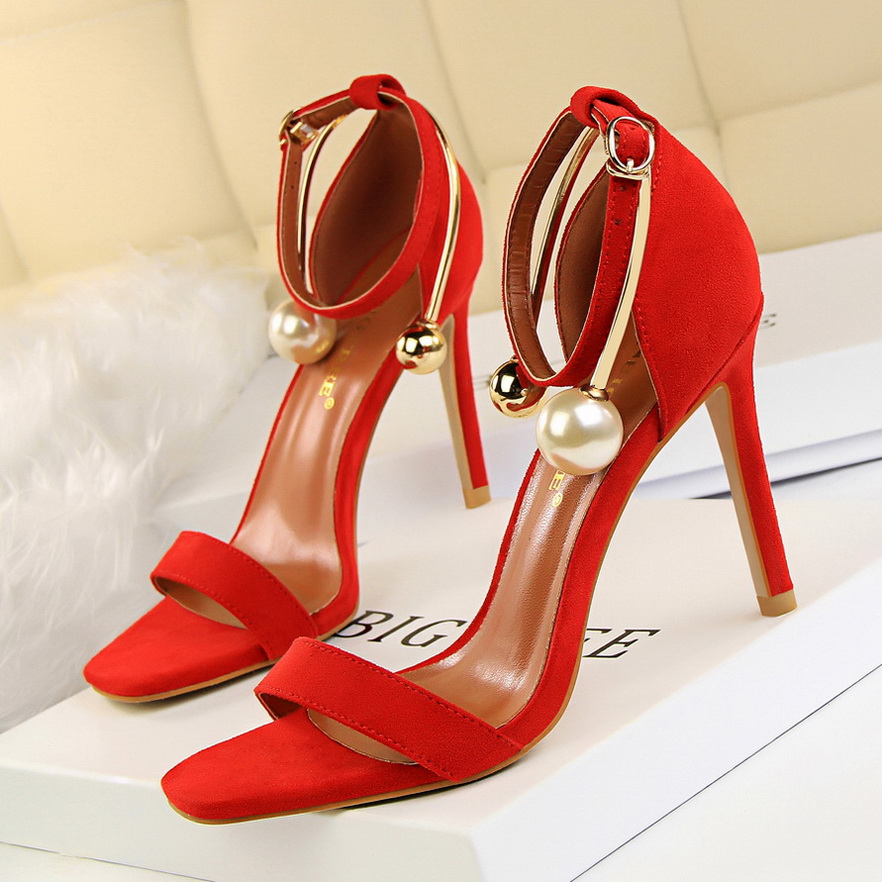 217-3 han edition delicate and elegant shoes high heels with suede square metal pearl one word with sandals