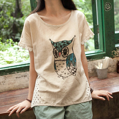 标题优化:夏季猫头鹰印花拼接点点休闲棉麻上衣 蝙蝠短袖t恤