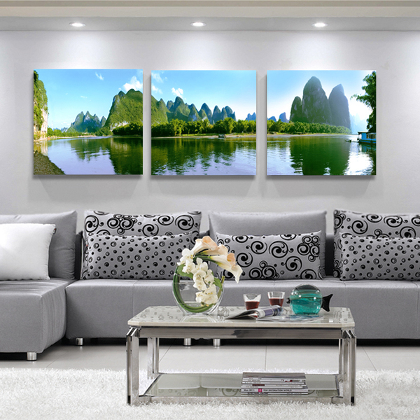 现代客厅装饰画挂画餐厅三联无框画沙发背景墙壁画风景 桂林山水