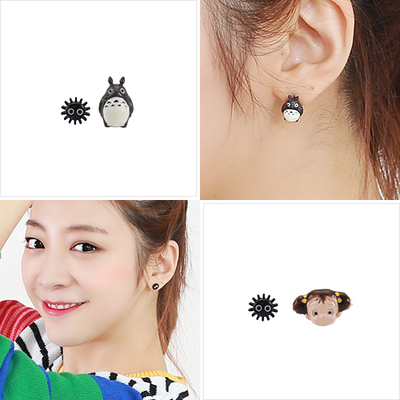 韩国代购进口正品时尚女小耳钉耳环耳饰可爱龙猫不对称防过敏批发