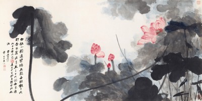 张大千荷花88.5x176cm 书法花鸟字画装饰画 特价字画批发包邮