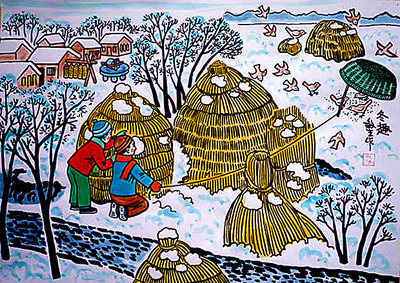 冬趣小孩子儿童捉麻雀农家乐冬天农村雪景户县农民画尺寸52x38cm