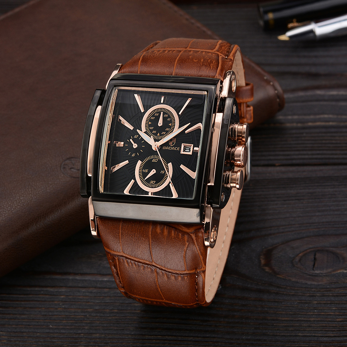 速卖通ebay热卖外贸爆款宝德城品牌手表 男士方形真皮皮带手表