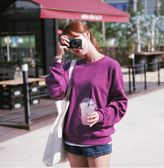 chic 韓國官網基礎百搭款超洋氣紫紅色寬松抓絨加厚套頭長袖衛衣T