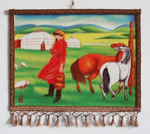 蒙古毡画小号彩色毛毡画内蒙古包装饰画挂画工艺品蒙古提桶牧羊女