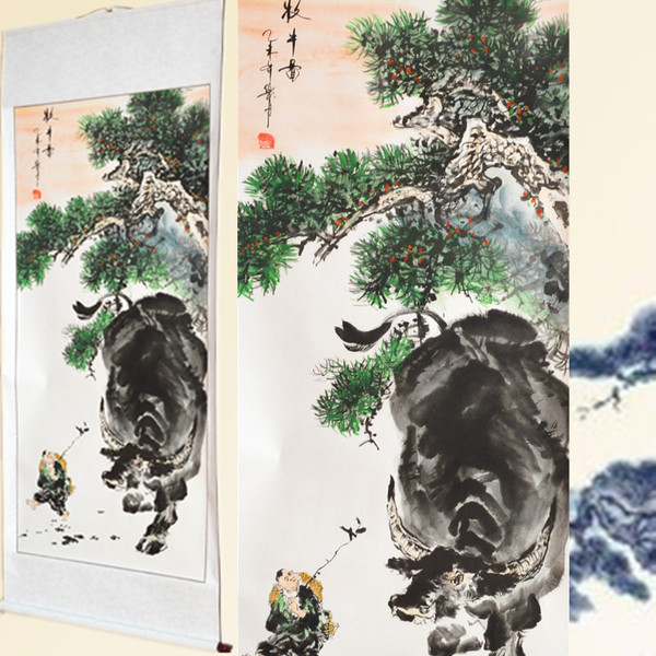 四尺条幅牧牛图字画客厅装饰字画国画书画挂画送挂钩全国包邮精品