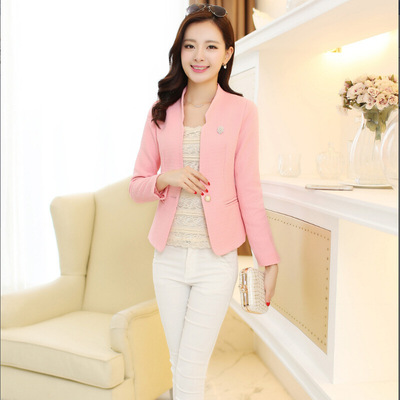 标题优化:2015新款女式韩版时尚修身纯色一粒扣针织小西装外套送胸花包邮