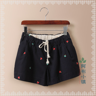 标题优化:日系森女系 2015年夏季新款甜美蘑菇刺绣热裤 休闲抽绳松紧腰短裤