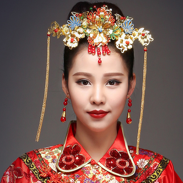 中式港式潮式婚礼古装新娘头饰凤冠龙凤褂秀禾服发梳配饰古典发簪