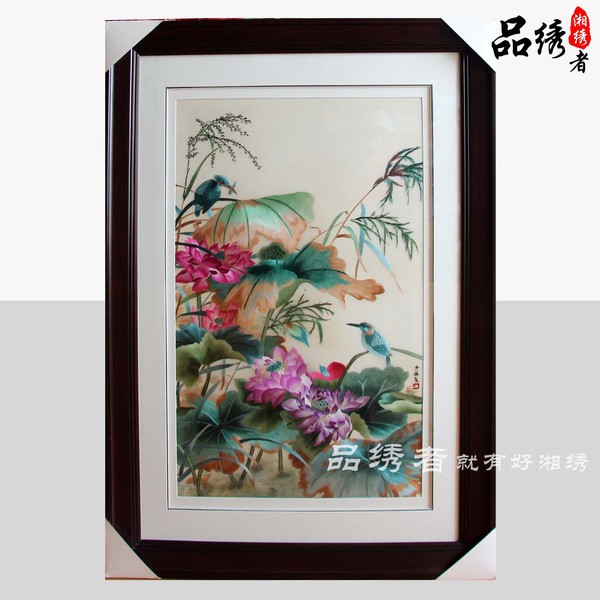 湘绣精品 荷花莲花 单面绣 纯手工刺绣成品客厅装饰画书房走廊礼