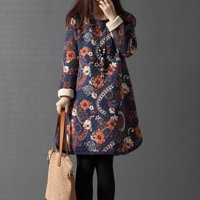 2016秋冬新款文艺宽松大码复古休闲套头纯棉加厚夹棉连衣裙