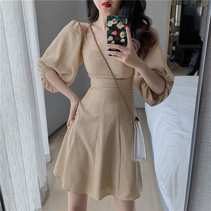 french style platycodon vintage square collar western style waist closing dress summer 2019 new fashionable short skirt show thin women's dress