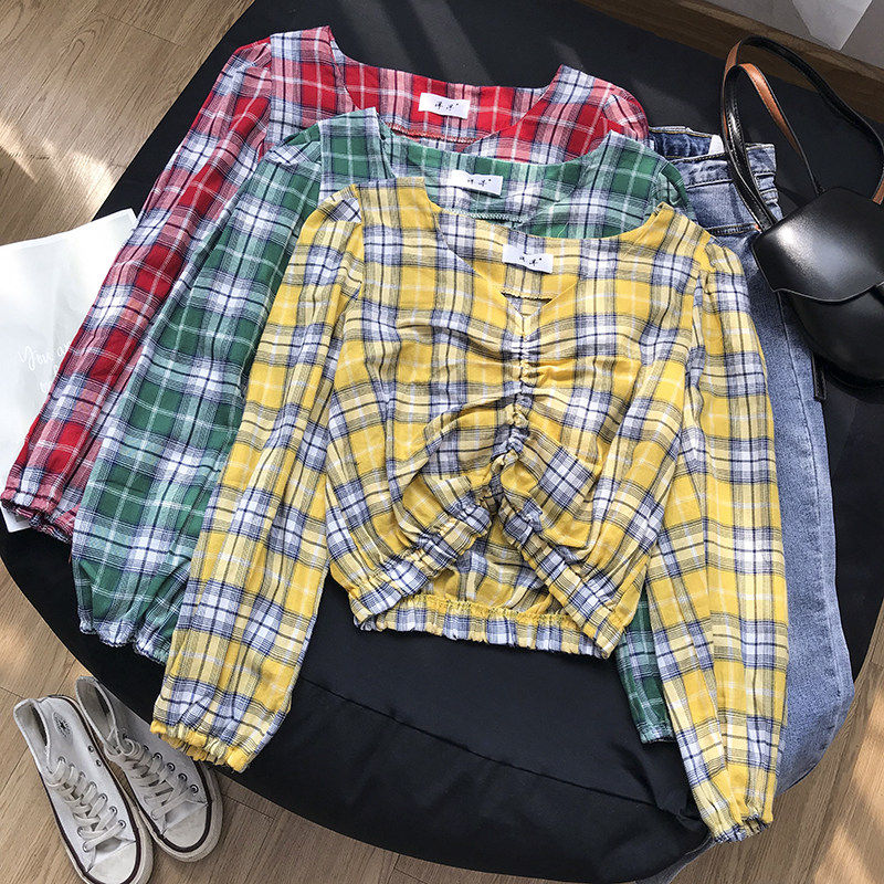 เสื้อผ้าผู้หญิง 2019秋季韩版V领长袖格子显瘦套头衬衫上衣J￥5时尚新款休闲洋气  