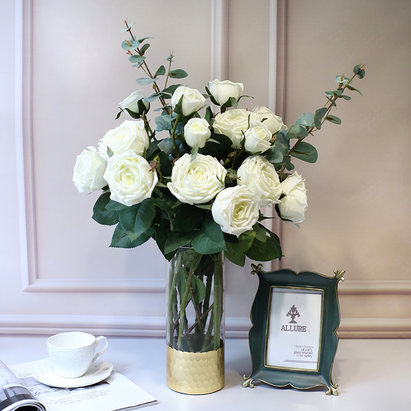 高品质pu手感保湿玫瑰假花仿真花束客厅桌花艺摆设件装饰茶几插花