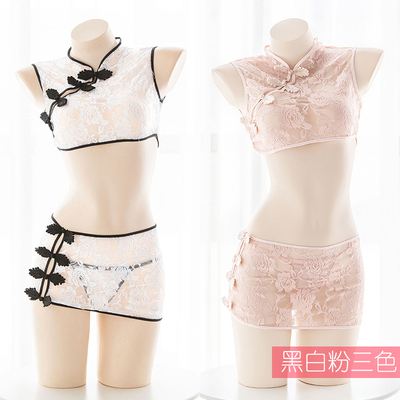 超短透明旗袍内衣套装蕾丝短裙情趣透视旗袍睡衣情趣内衣三件套-淘宝网