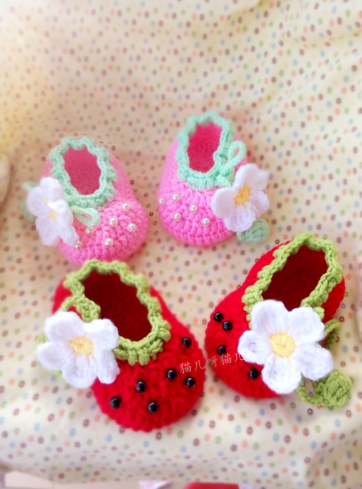 純手工編織寶寶嬰兒毛線鞋成品女春秋款草莓寶寶鞋松緊不掉鞋