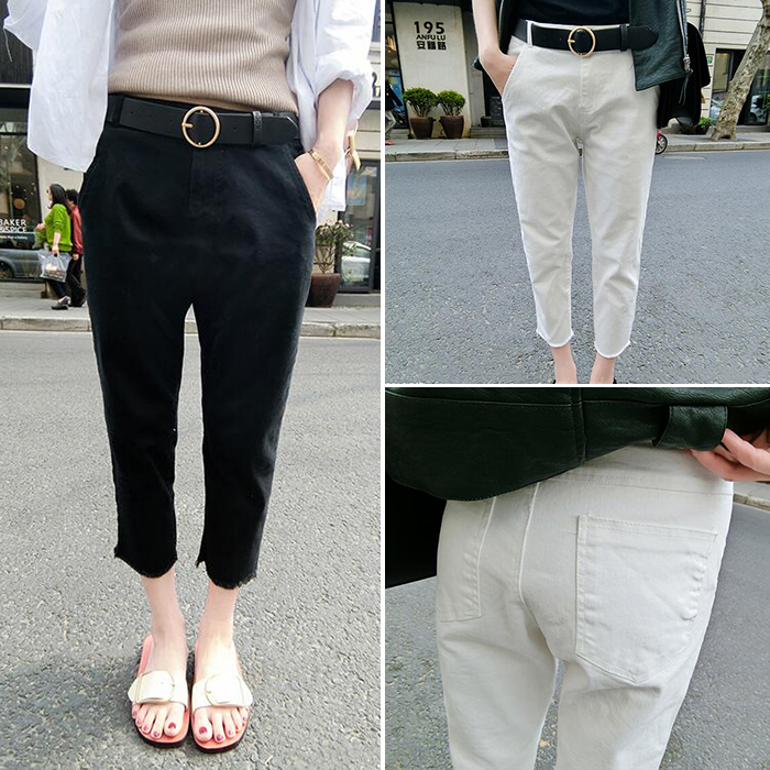 韓版2017夏季女裝新款高腰牛仔褲子顯瘦小腳哈倫褲白色七分褲子潮