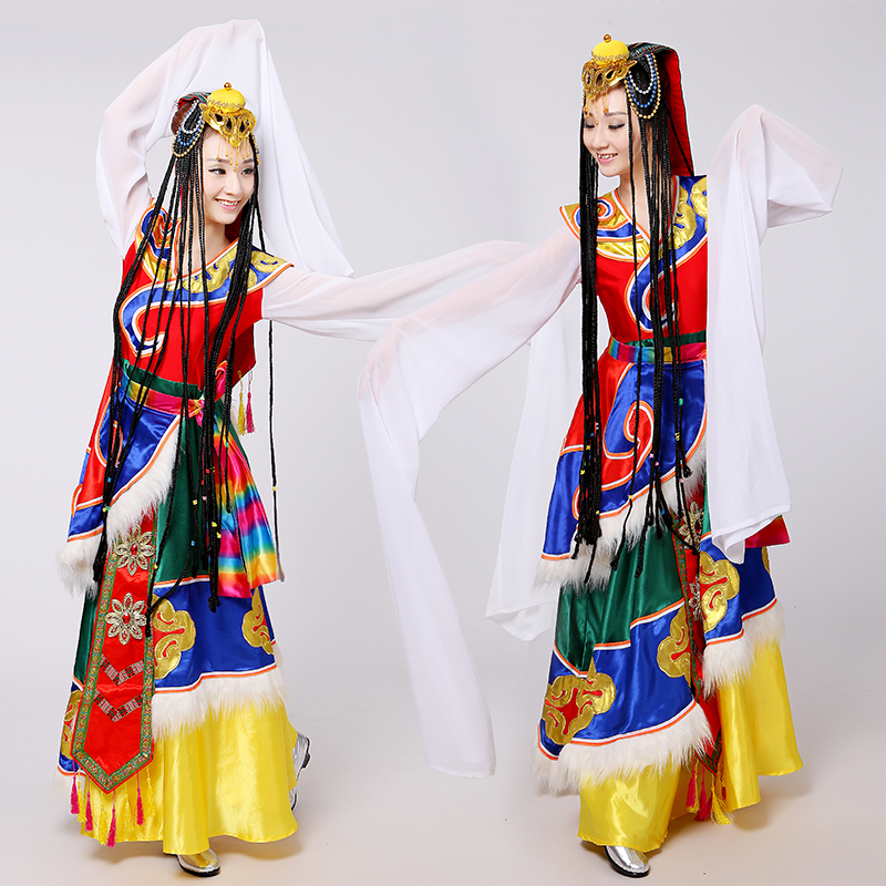 新款民族舞蹈服水袖藏族舞蹈演出服裝藏袍西藏舞服水袖表演服飾女