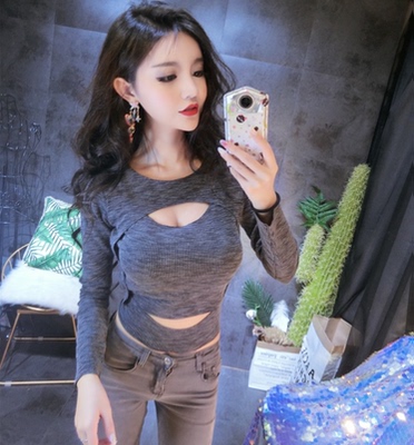 妮妮实拍 2017秋新款夜店女装性感露胸假两件小衫针织衫长袖上衣-淘宝网