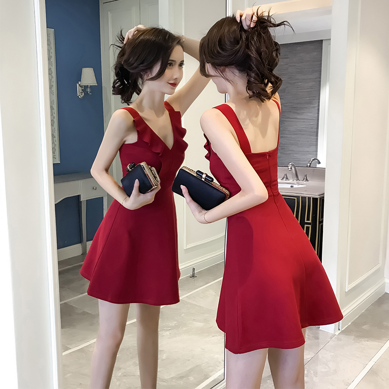 紅色露背連衣裙女夏2017新款衣服韓版顯瘦荷葉邊v領夜店女裝性感