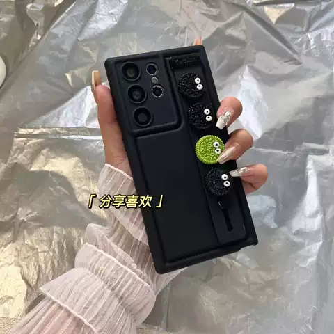 Black Oreo Cookie Phone Cases Covers Hand Band Strap Trendy Fashionable Galaxy S23, Galaxy S23 Plus, Galaxy S23 Ultra, Galaxy S22, Galaxy S22 Plus, Galaxy S22 Ultra, Galaxy S21, Galaxy S21 Plus, Galaxy S21 Ultra,