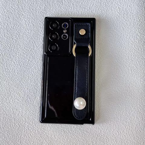 Black — Electroplated Leather Hand Band Strap S23, S23 Plus, S23 Ultra, S22, S22 Plus, S22 Ultra, S21, S21 Plus, S21 Ultra