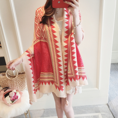 披肩女夏季海边防晒沙滩巾空调纱巾丝巾超大橘色几何民族棉麻围巾-淘宝网