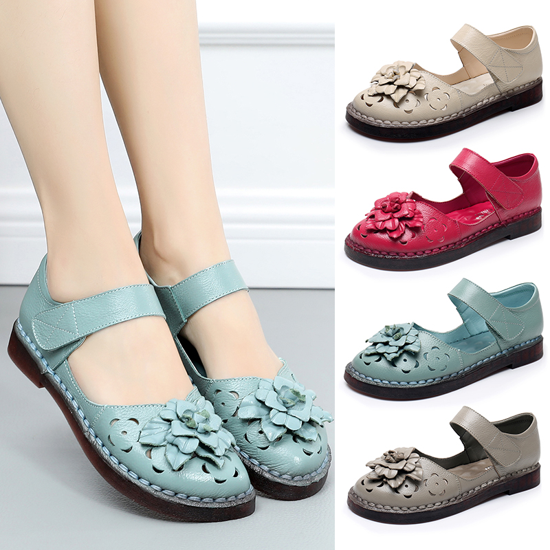mère chaussures en cuir véritable doux fond creux trou chaussures talon plat âge moyen des sandales plates d'âge moyen chaussures en été, des nouvelles mère chaussures en cuir véritable doux fond creux trou chaussures talon plat âge moyen des sandales plates d'âge moyen chaussures en été, des nouvelles
