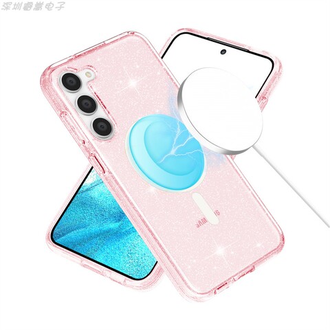 Pink — Girls Transparent Clear Shiny Glitter Bling Silicone TPU Magsafe Magnetic S23, S23 Plus, S23 Ultra Samsung Phone Case