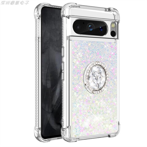 Silver — Girls Shiny Liquid Quicksand Glitter Bling Silicone TPU With Ring Finger Holder Kickstand 8, 8 Pro Google Pixel