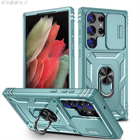 Blue — Sliding Camera Lens Protection Ring Kickstand Tough Shockproof S23, S23 Plus, S23 Ultra Samsung Phone Case