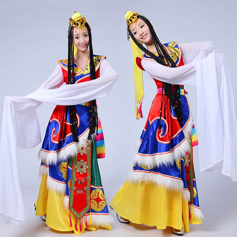 新款藏族舞蹈演出服裝女水袖西藏成人少數民族舞臺表演服長裙藏袍