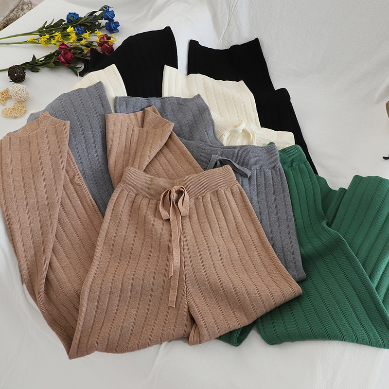 กางเกง 针织阔腿裤女高腰垂感坑条秋冬宽松直筒休闲裤子外穿韩版休闲裤  