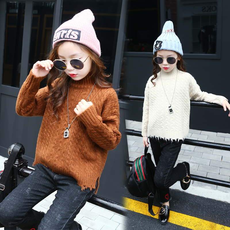 鼕裝女童毛衣2017韓版兒童中大童套頭高領毛線衣加厚針織衫打底衫