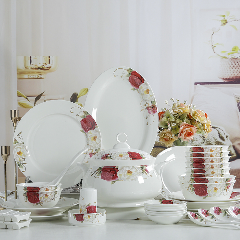 jingdezhen chinese love rose ceramic high-end set bone china bowl dish & plate tableware set household combination gift