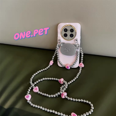 White — Cute Cat Grip Stand Girls With Bead Lanyard Strap P60, P60 Pro, P60 Art, P50, P50 Pro Phone Case