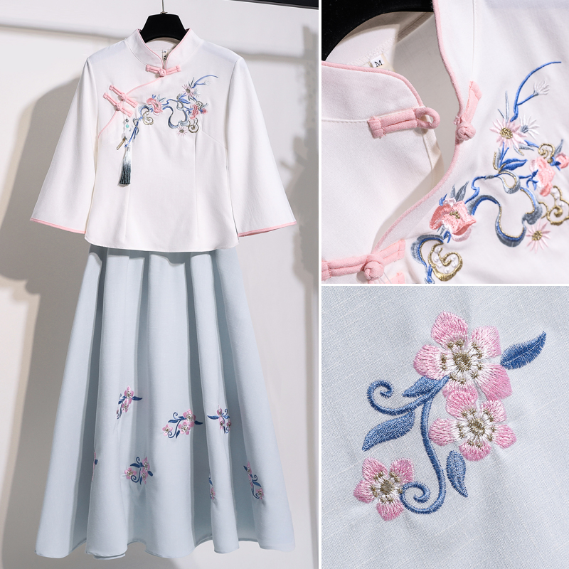 Chinese style retro style women's Tang suit suit girl Republican style buckle cheongsam top improved Hanfu two-piece suit
