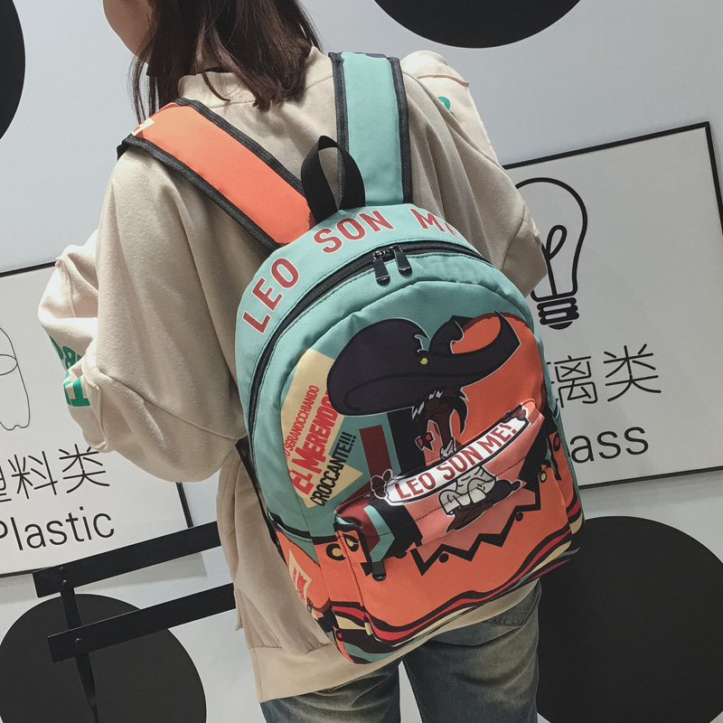 韓版卡通撞色印花塗鴉書包中大學生雙肩包男女原宿風校園情侶背包