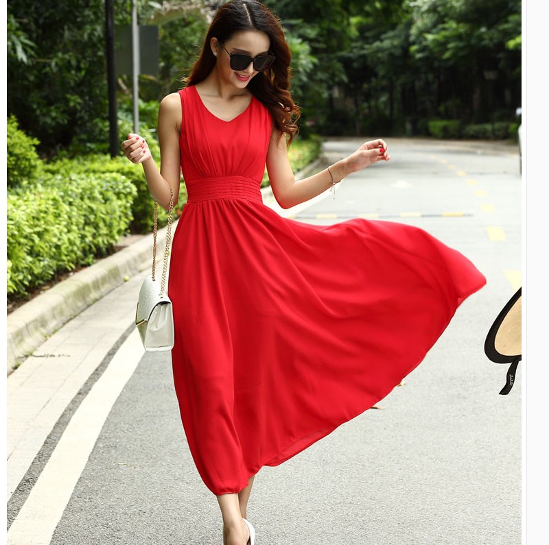 2017新款連衣裙紅色仙女裙 顯瘦雪紡波西米亞 中長款大擺沙灘裙純
