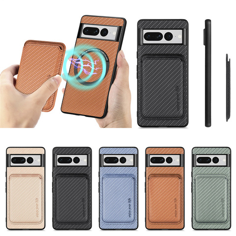 Magnetic Card Holder Carbon Fiber Pattern Synthetic Leather Silicone TPU 7, 7 Pro Google Pixel Phone Case