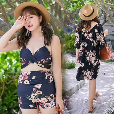 大码泳衣女胖mm200斤性感碎花比基尼三件套宽松遮肚加肥加大码-淘宝网